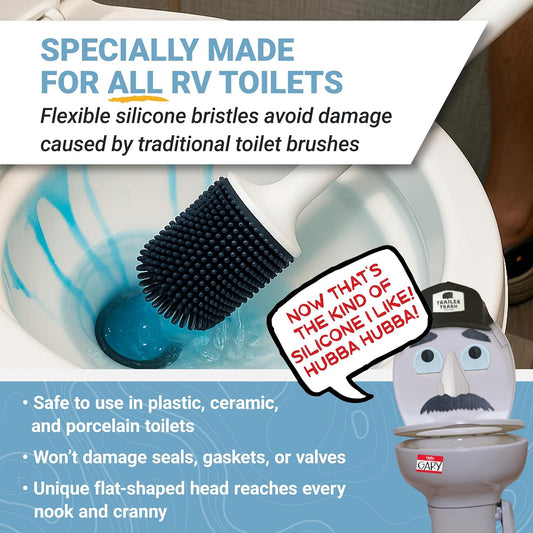 Unique Silicone RV Toilet Brush, Compact, Won't Damage Toilets or Seals, Wall-Mount No-Drip Holder
