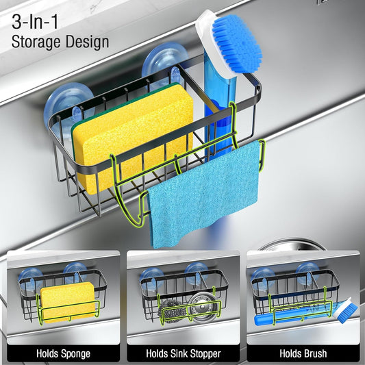 3-in-1 Kitchen Sink Caddy Organizer with Sponge Holder, Brush Holder, Extra Rack for Scrubber, Sink Stopper, Dish Cloth Hanger - Strong Dual Suction Cup, 2.0mm SUS304 Stainless Steel - Grey