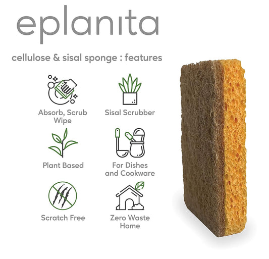 eplanita Natural Plant Based Scrub Sponges (6 Pack), Non-Scratch, Biodegradable Eco Scourers for Kitchen and Bathroom