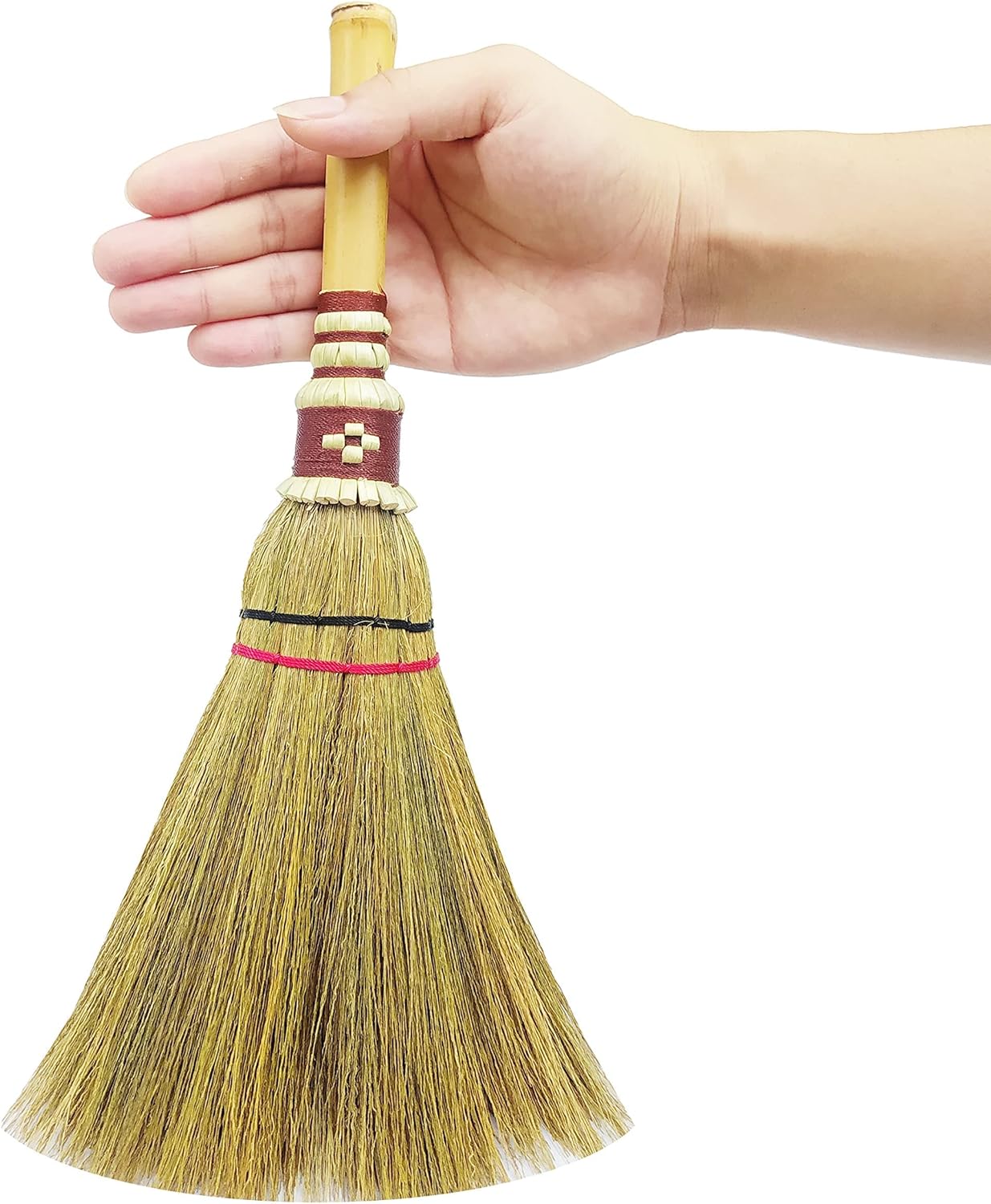 Handmade,Natural Grass Asian, Whisk Broom Thai, Handle Bamboo, Soft Brush Mini with Solid Wood Handle Retro Nature No Static Electricity Sweeping 13in