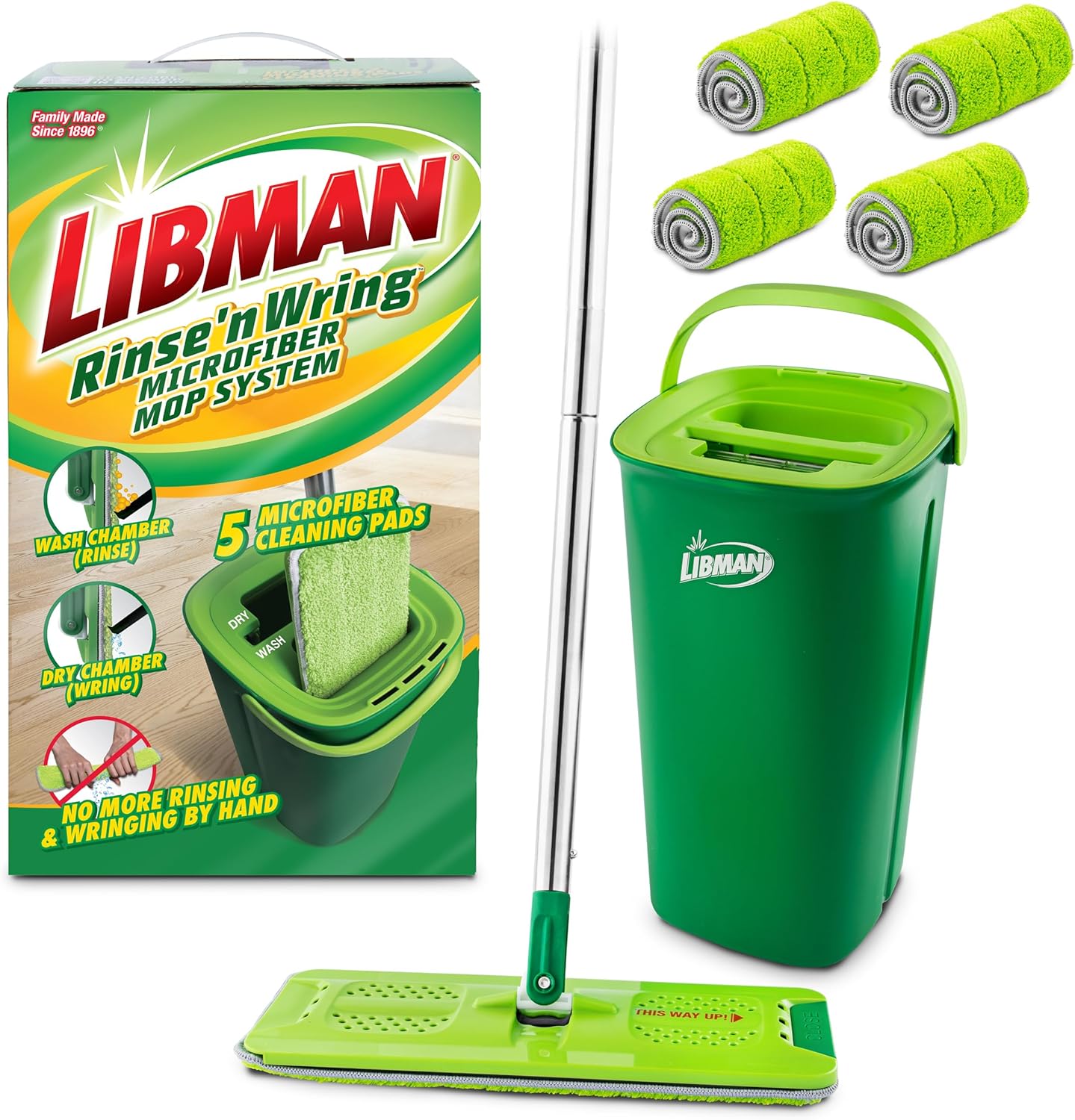 Libman Rinse 'n Wring Mop and Bucket System, Microfiber Dry Wet Mop for Floor Cleaning, Hardwood, Laminate, Tile Cleaner, Dual Chamber Bucket Design, 2 Total Refill Replacement Head Pads