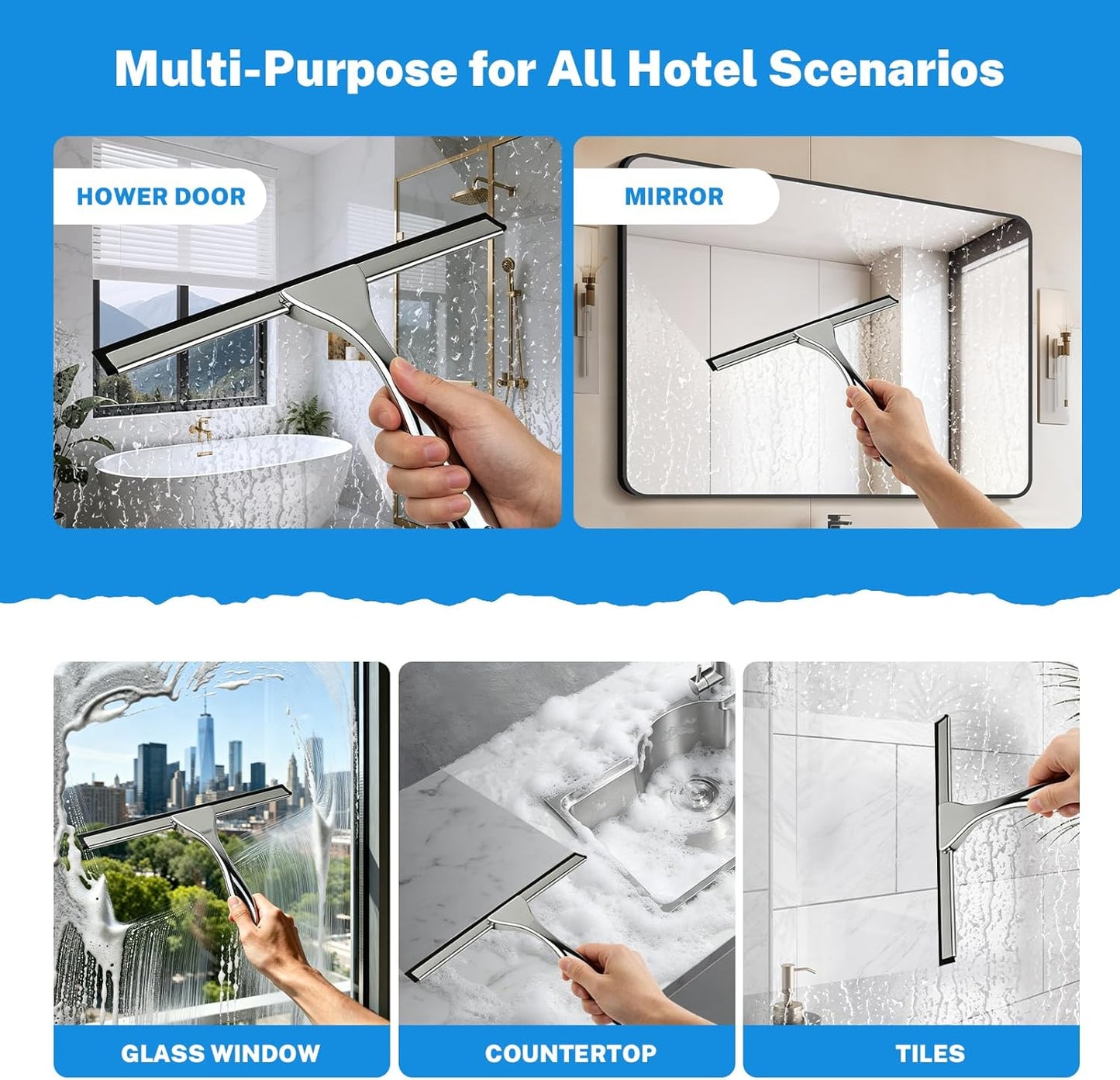 All-Purpose Stainless Steel Squeegee, 10 Inch Silver Shower Squeegee with 1 Adhesive Hooks, Streak-Free Silicone Blade for Shower Door, Window, Car, Tile Wall, Bathroom Household Cleaning Tool