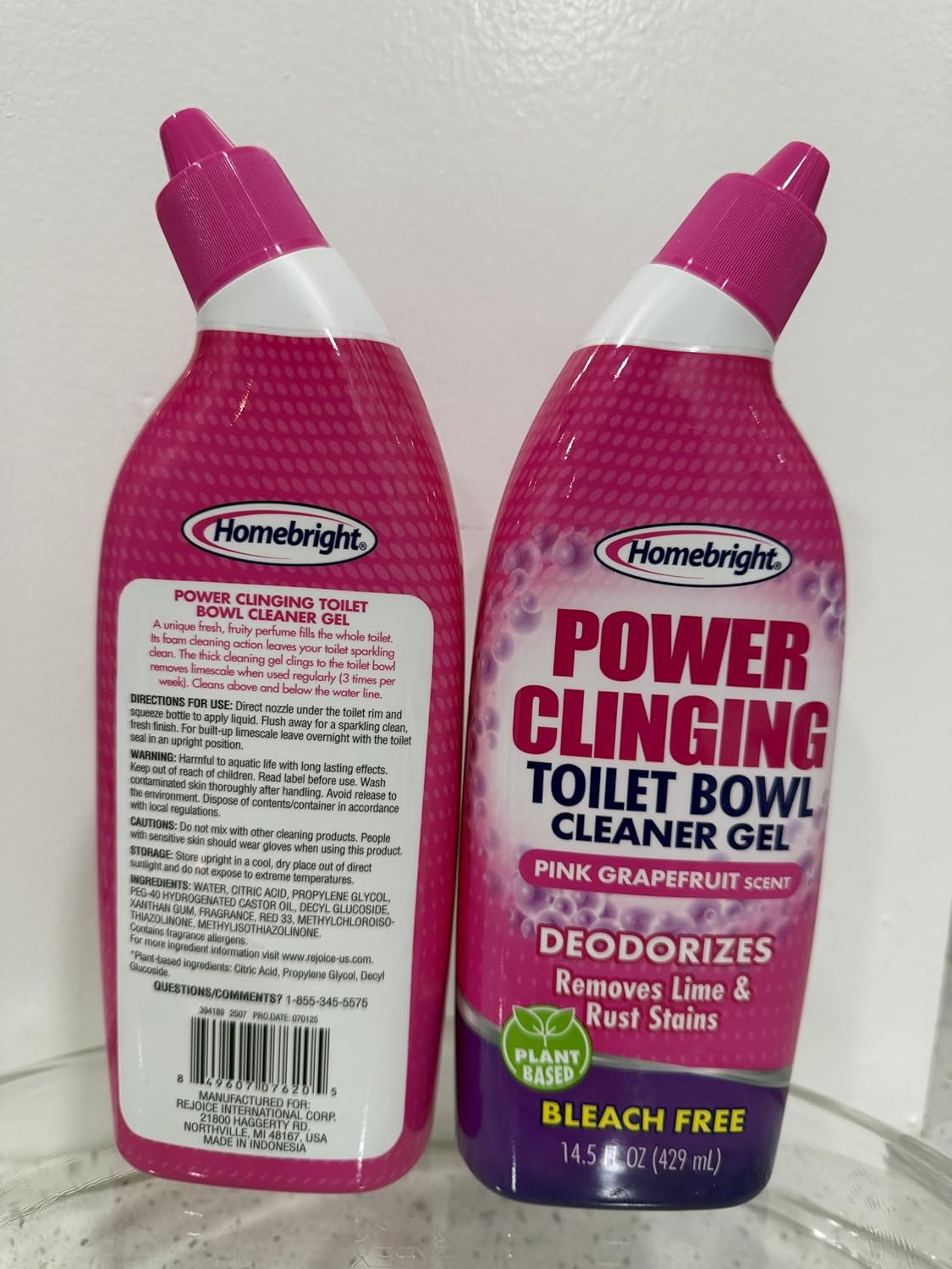 HOMEBRIGHT Power Clinging Toilet Bowl Cleaner Gel, Pink Grapefruit Scent, Bleach Free, 14.5 fl oz, 2 Pack