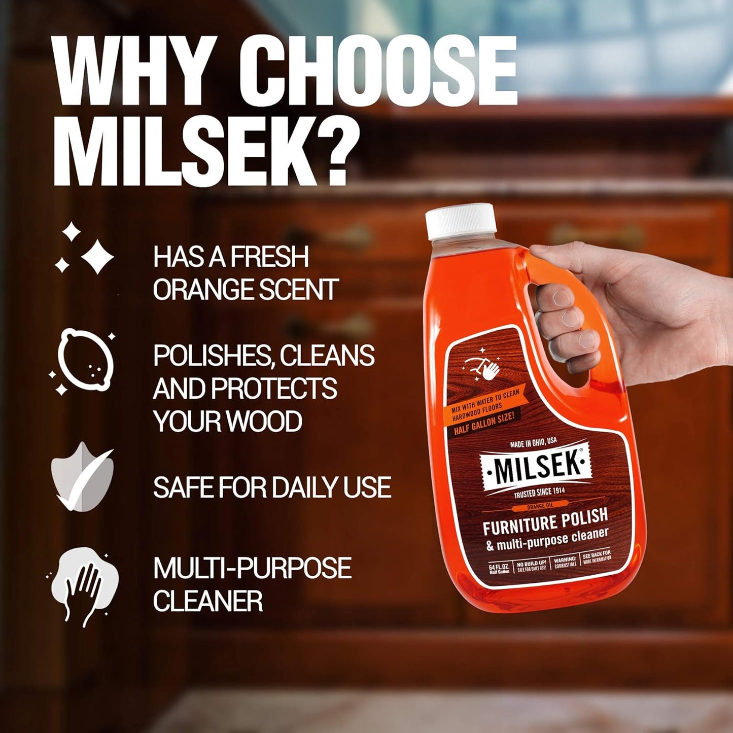 Milsek Furniture Polish and Wood Cleaner with Orange Oil - Multipurpose Cleaning Supplies for Home and Household from Hardwood Floors to Kitchen Cabinets- 12 Fl Oz (Pack of 1)