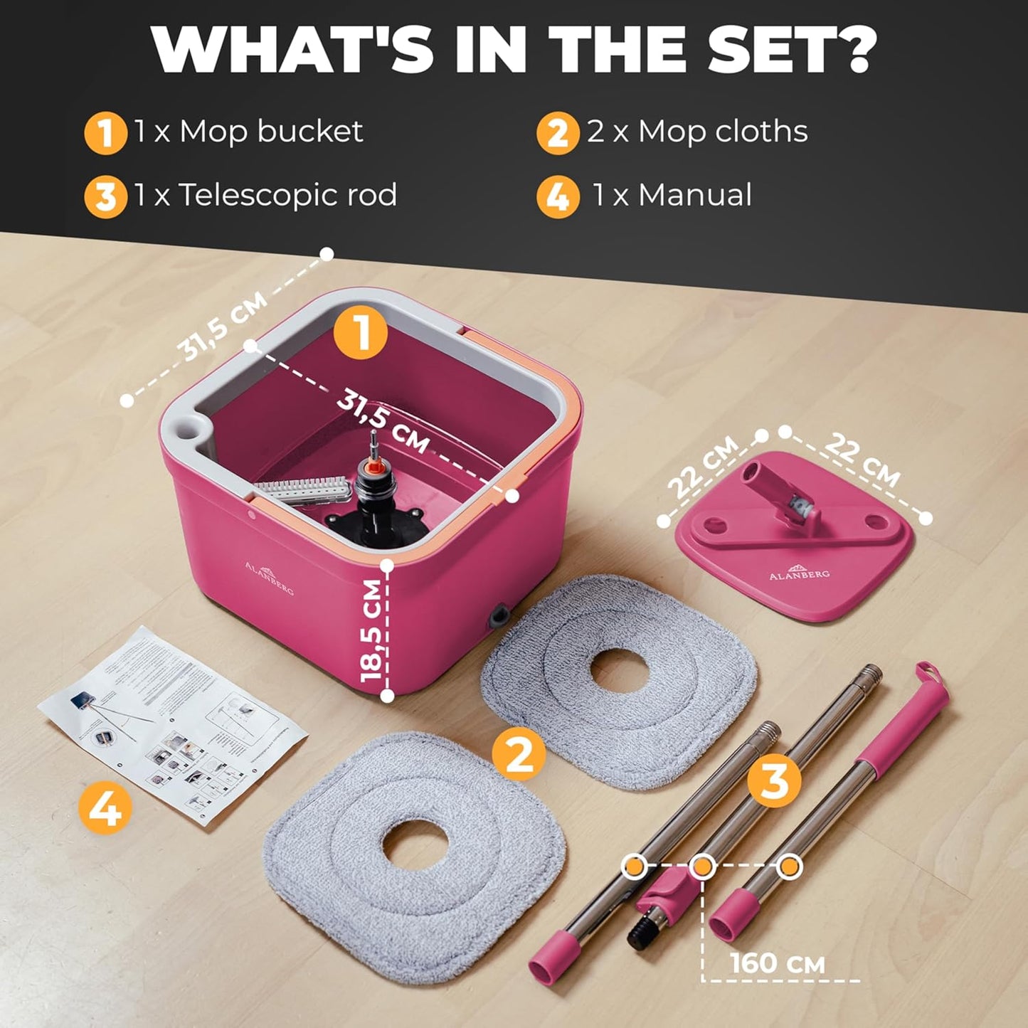 Spin Mop and Bucket Set with Wringer – Dual-Chamber Self Wringing Mop, Flat Microfiber Mop for Hardwood, Tile & Vinyl Floors, 2 Washable Replacement Heads, 63" Handle, Pink