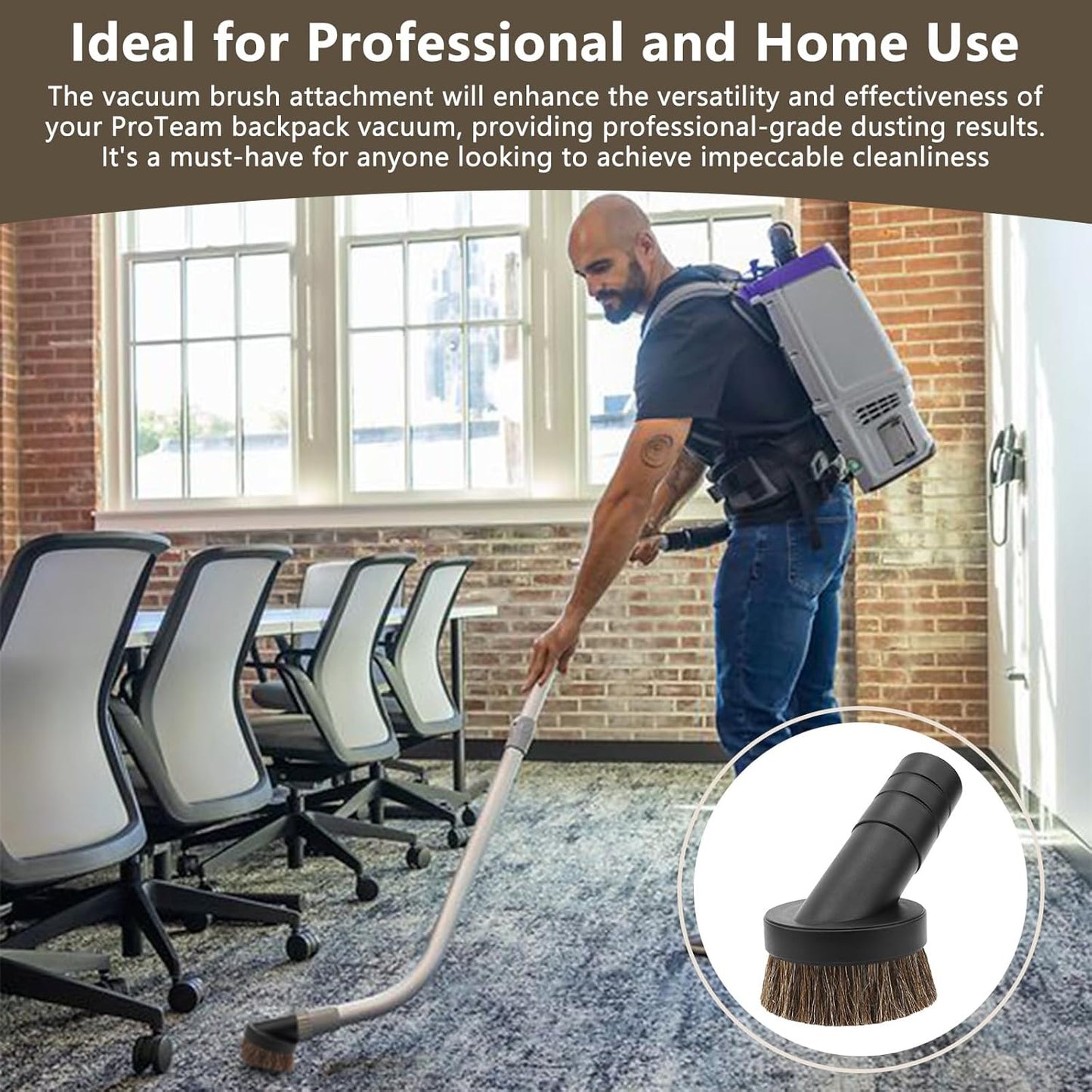 1.5" Vacuum Dust Brush Attachment Compatible with Pro Team Backpack Vacuum - 3" Round Dusting Brush with 1 1/2" Reducer Compatible with Vac Cleaner Parts # 100110; Soft Horse Hair for Better Cleaning