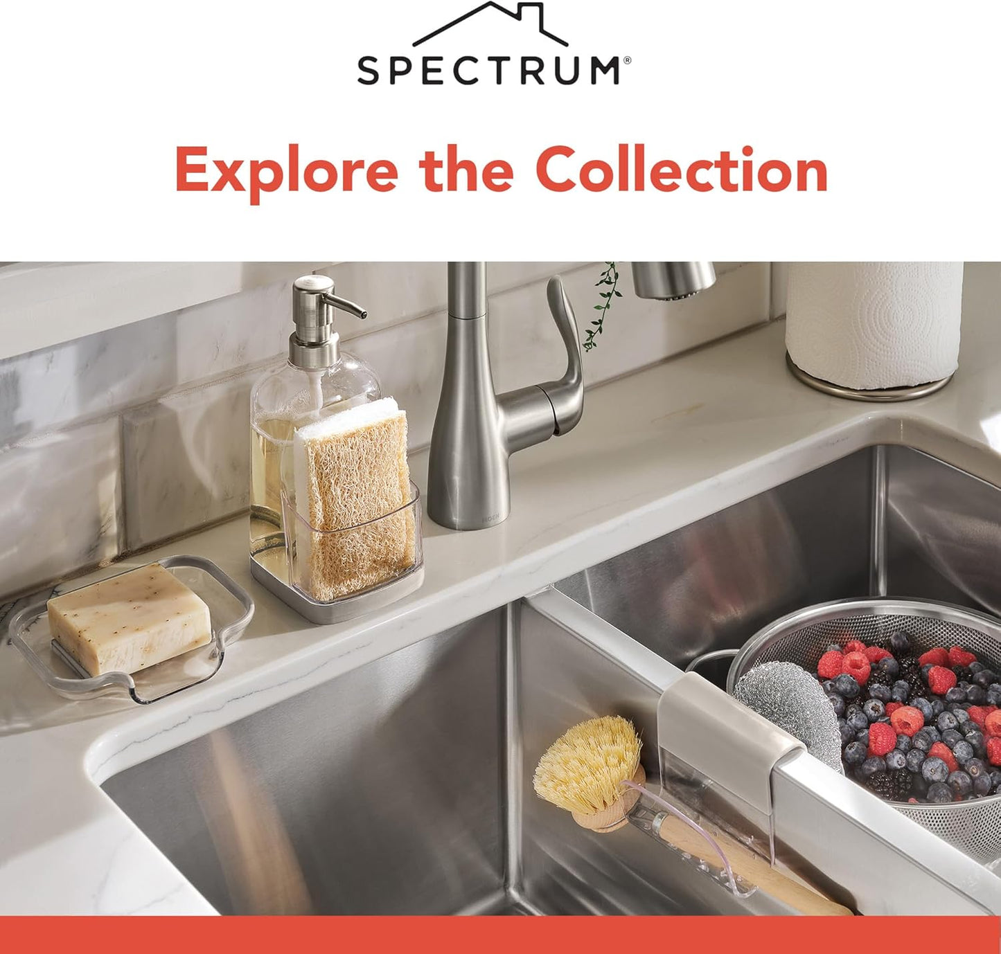 Spectrum Sink Saddle for Kitchen Sink Warm Gray Clear Sponge and Brush Holder Organizer, Dish Brush and Sponges Plastic Saddle Caddy for Double Sink Storage with Drain Holes for Quick Drying
