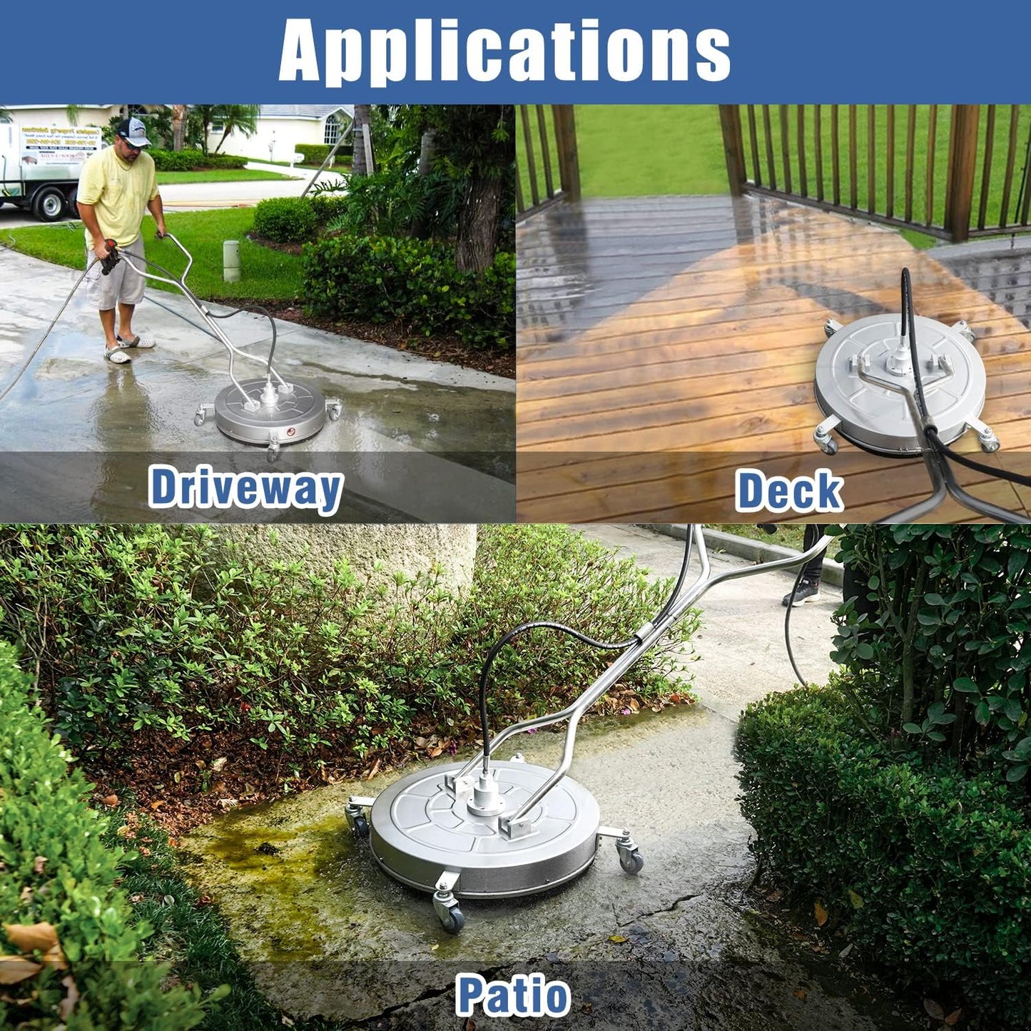 janz 14" Pressure Washer Surface Cleaner with 4 Wheels, Stainless Steel Housing, 1/4" Quick Plug, 2 Extension Wands, 2 Replacement Nozzles and 3 Spray Nozzles, 4000 PSI