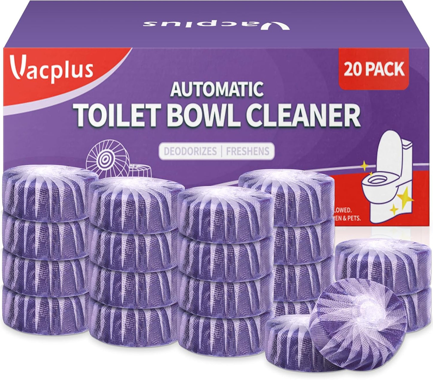 Vacplus Toilet Bowl Cleaners - 20 Pack Long-Lasting Toilet Cleaner Tablets, Prevent Stains & Deodorize, Blue & Pink