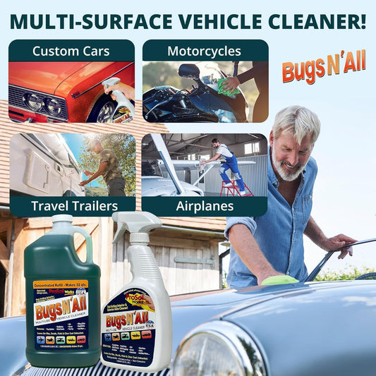 Bugs N’ All Multipurpose Car Cleaner & Degreaser - Bug & Tar Remover Concentrate 32 oz - Exterior Cleaner Safe for Car Paint, Metal, Chrome, Aluminum, Windows & Mirrors - w/Free 32 oz Spray Bottle