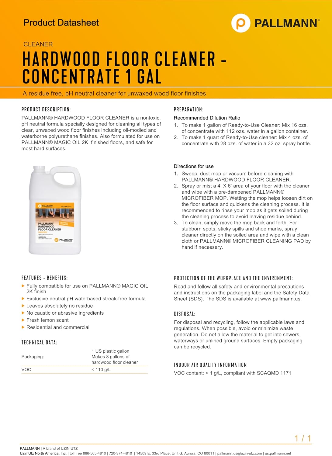 Pallmann Hardwood Floor Cleaner Concentrate 1 Gallon - Makes 8 Gallons of Cleaner - Water-based Streak-free Formula
