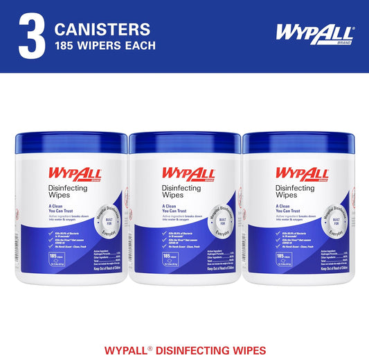WypAll® Brand Disinfecting Wipes (54481), Hydrogen Peroxide Disinfectant Cleaner for Commercial, Industrial & Healthcare, 5.75"x7" Wipes, Fresh Scent (3 Canisters of 185 Sheets)