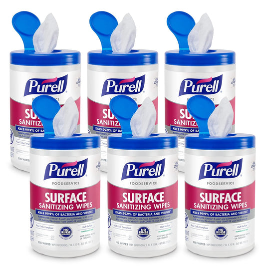 PURELL Foodservice Surface Sanitizing Wipes, Fragrance Free, 110 Count Canister, 7"x 10" Wipes (Pack of 6) - 9341-06