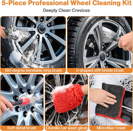 Preciva 5PCS Car Wheel & Tire Brush Kit -Car Cleaning Kit, Wheel Cleaner Brush, Soft-bristled Rim Brush, Car Drying Towel, Car Detailing Cleaning Wash Brush Supplies Kit for Interior Exterior Wheels