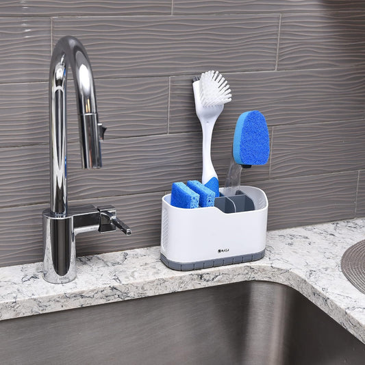 OMAIA Sink Caddy - Sink Organizer for Home, Kitchen, Wash Basin - Holder with Removable Dividers for Sponge, Brush, Toothbrush… White
