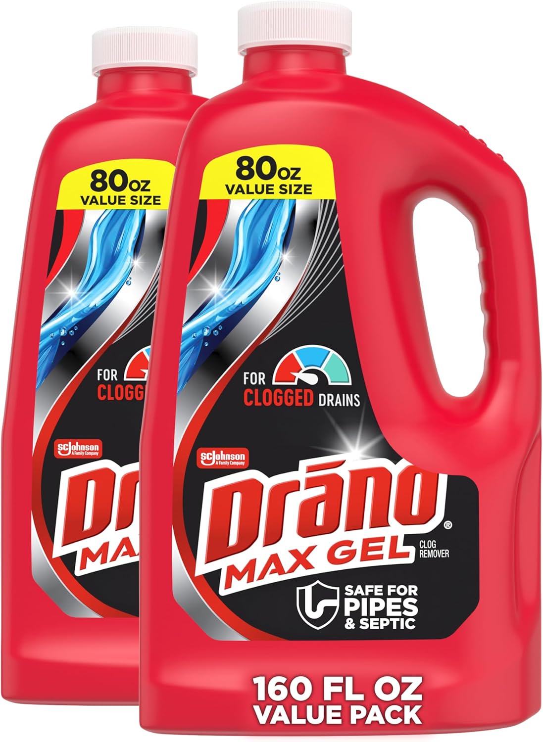 Drano Max Gel Drain Clog Remover & Cleaner, Fast-Acting to Unclog Standing Water & Remove Hair, Grease & Food Blockages, Safe for all Pipes & Septic, Kitchen Sinks, Bathroom Showers & Tubs, 32 Oz