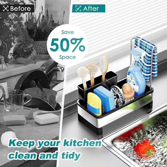 304 Stainless Steel Sink Caddy with Auto-Drain, Rustproof Sink Organizer, Sponge Holder with Removable Brush Holder & Towel Rack, Countertop Storage for Dish Soap Dispenser, Kitchen Sink Accessories