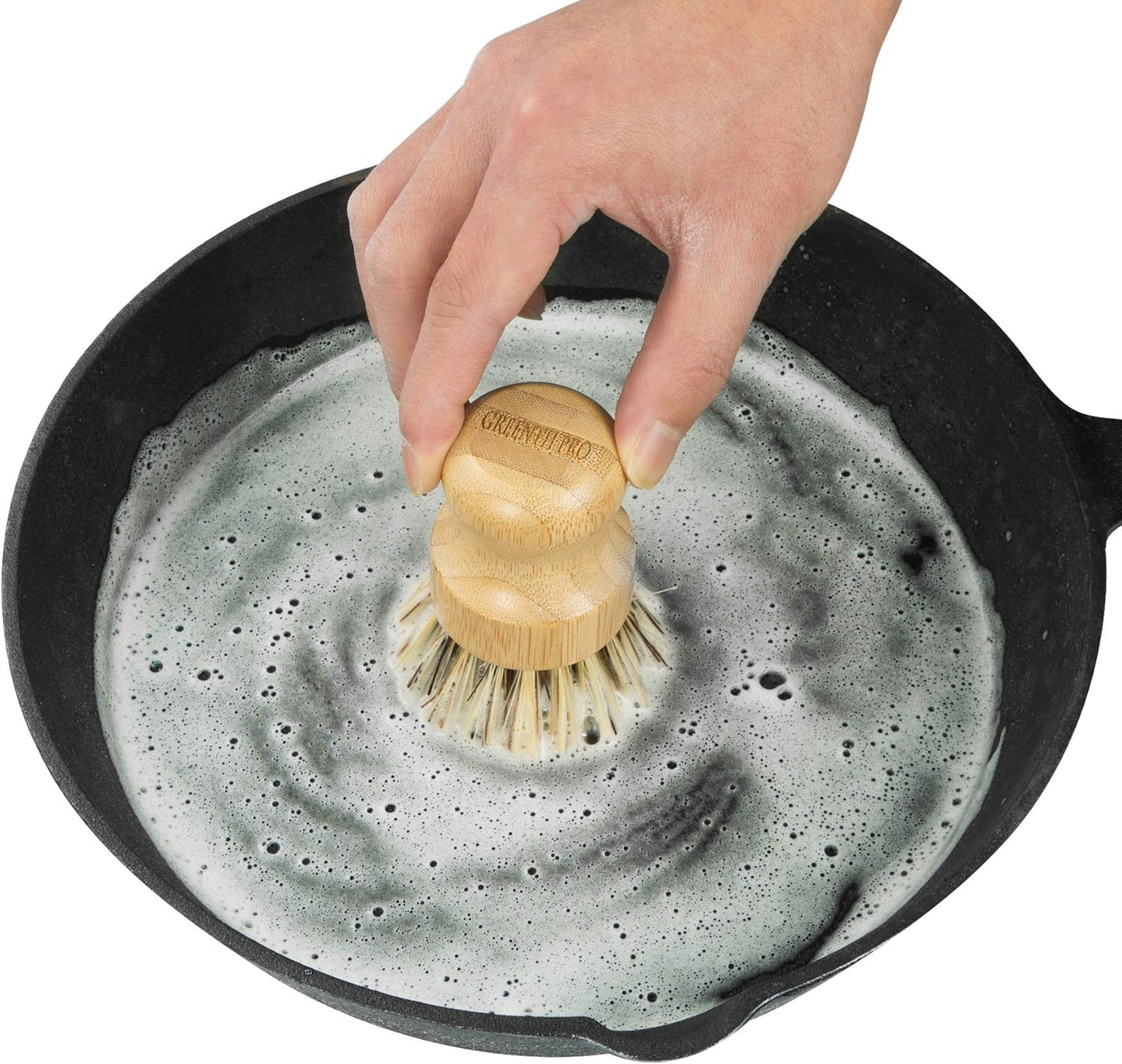 GREENTH PRO Palm Pot Dish Brush- Nature Bamboo 2 Packs Mini Durable Scrub for Kitchen Cleaning with Ceramics Holder