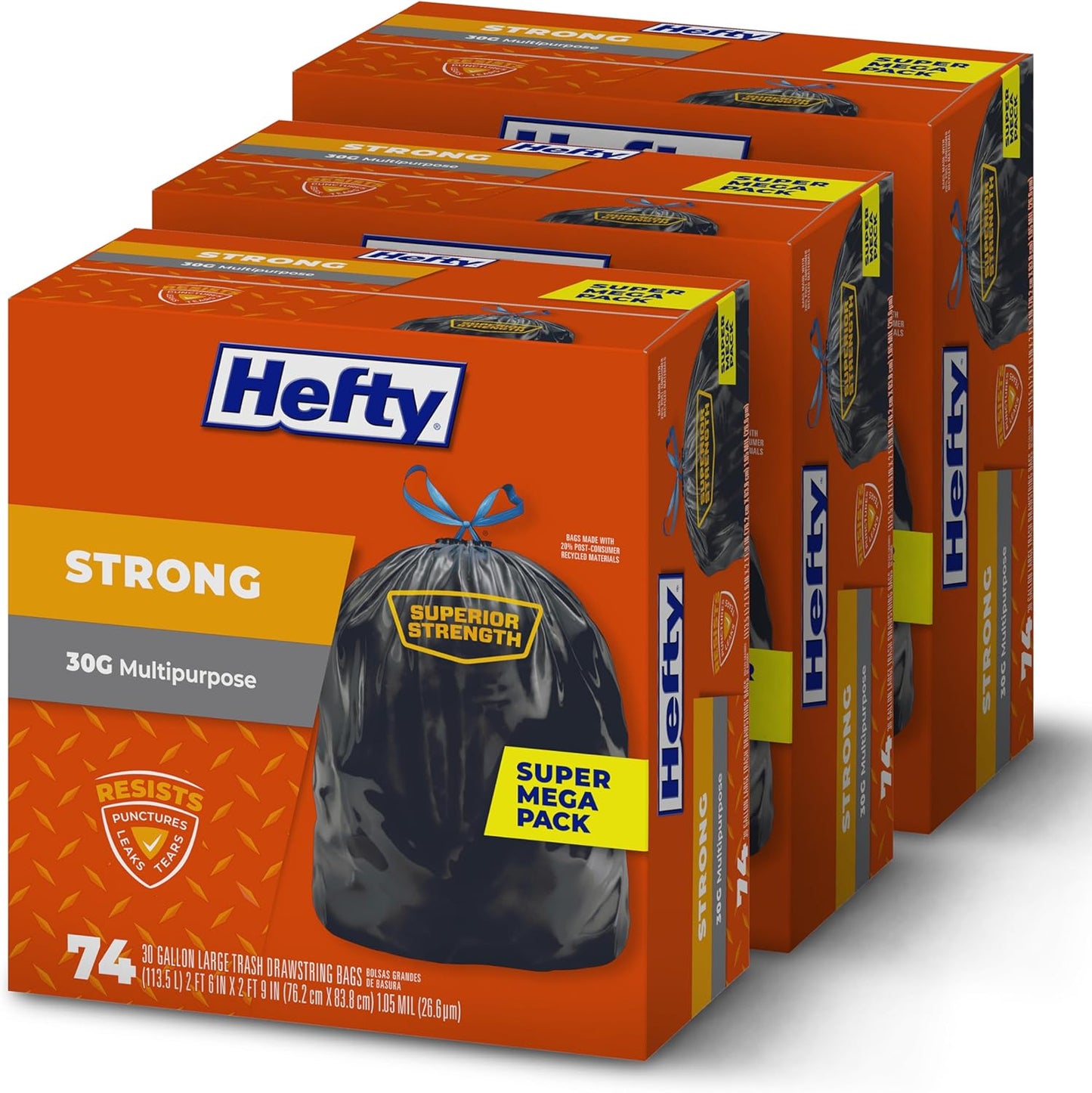 Hefty Strong 30 Gallon Trash Bags, Large Trash Bags 30 Gallon Size, Durable Drawstring Enclosure, Resists Punctures, Leaks, and Tears, Black, Unscented, 56 Bags