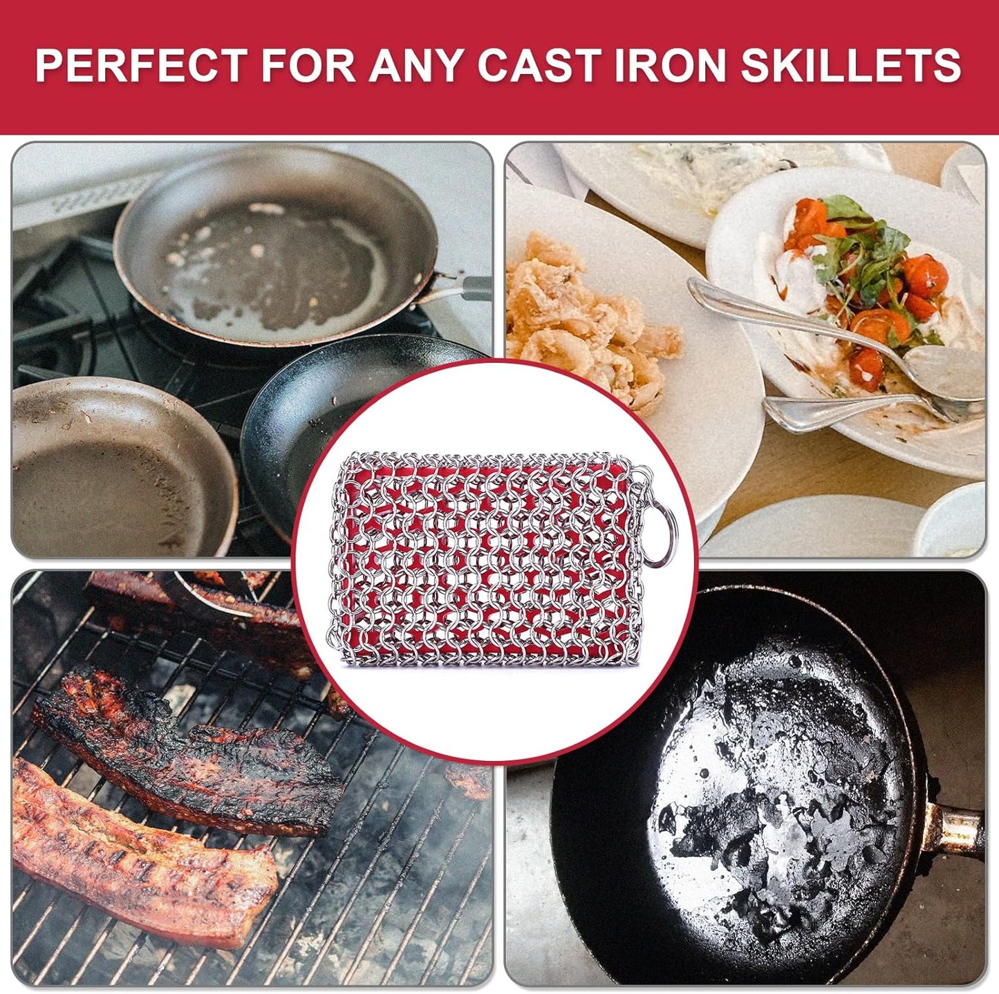Cast Iron Scrubber, Chain Mail Scrubber with Silicone Insert, 316L Stainless Steel Chainmail for Cast Iron Skillet, Dutch Oven, Cookware, Kitchen Cleaning Accessory, Dishwasher Safe