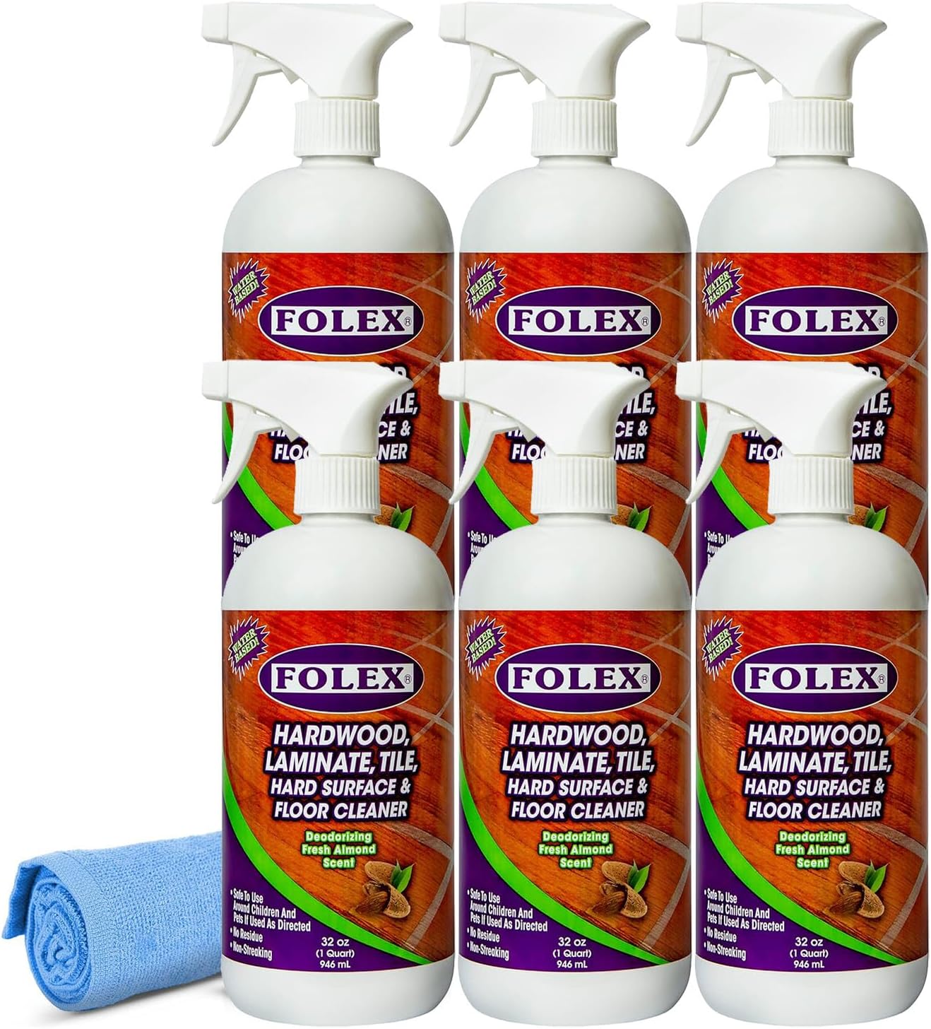 FOLEX Hardwood, Laminate, Tile, Hard Surface & Floor Cleaner with Reusable Cleaning Cloth, Fresh Almond Scent, Residue and Streak Free - 3 Pack