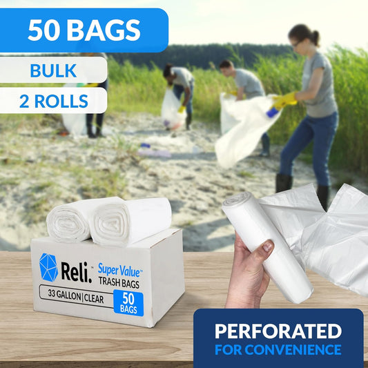 Reli. 33 Gallon Trash Bags Heavy Duty | 50 Trash Bags with Ties | Super Sizeable, Clear, Serious Garbage Cleanup