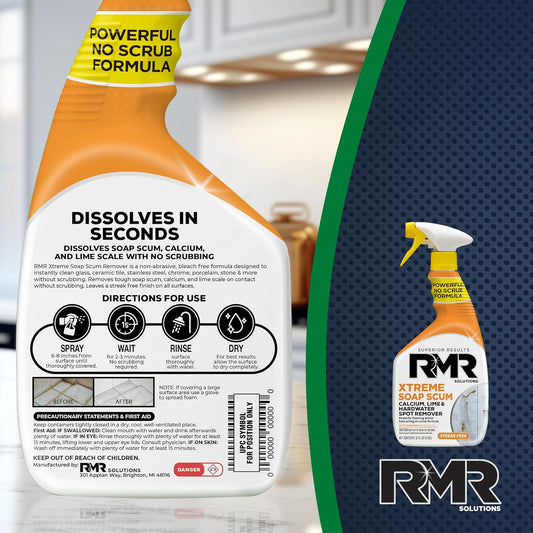 RMR - Xtreme Soap Scum Remover, Fast-Acting, No-Scrub Bathroom Cleaner for Soap Scum, Calcium, Hard Water, Limescale, and Shower Tile Residue, Bleach-Free, 30-Fluid Ounce Spray Bottle