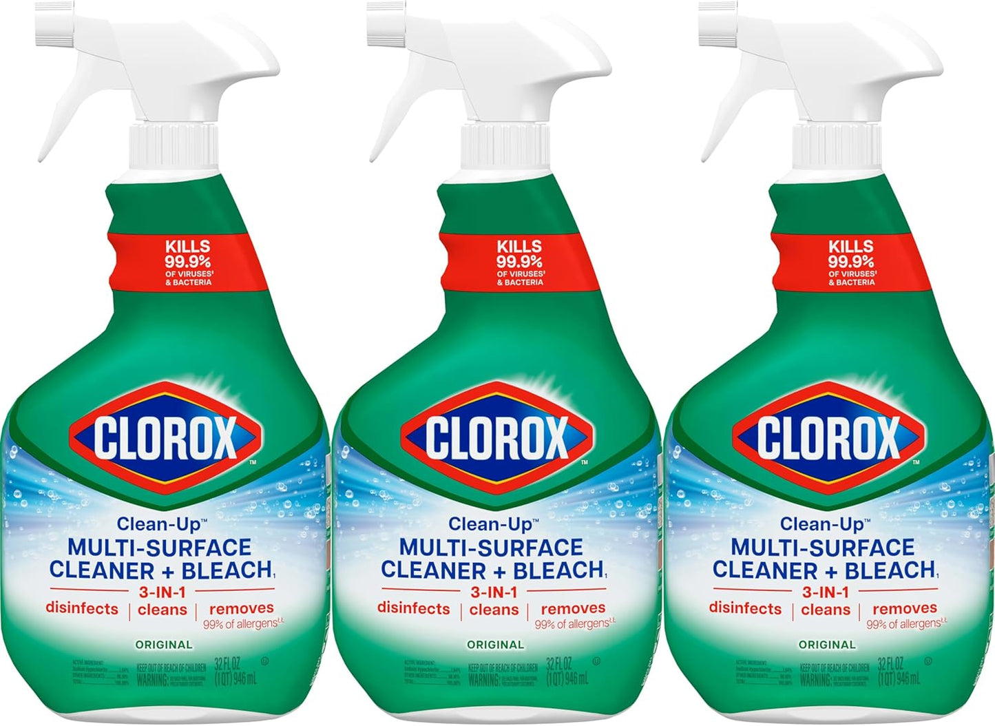 Clorox Clean-Up Multi Surface Cleaner Bleach Spray, Original, All Purpose Cleaning Spray Bottle, Mold and Mildew Cleaner, 32 Fl Oz., Pack of 3