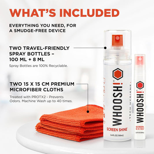 WHOOSH! Screen Shine Duo XL - Screen Cleaner Spray and Wipe for Eyeglasses, Phone & Laptop - Removes Fingerprints - Includes 3.4 oz + 1 oz Leak-Free Bottles & 2 Microfiber Cloths for Home & Travel