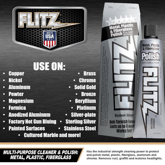 Flitz Metal Polish Paste - 5.29oz USA-Made Polish for Solid Chrome, Stainless Steel, & Aluminum - Non-Abrasive for Light Oxidation - Requires Manual Buffing - Not for Plated/Coated Surfaces (1 Pack)