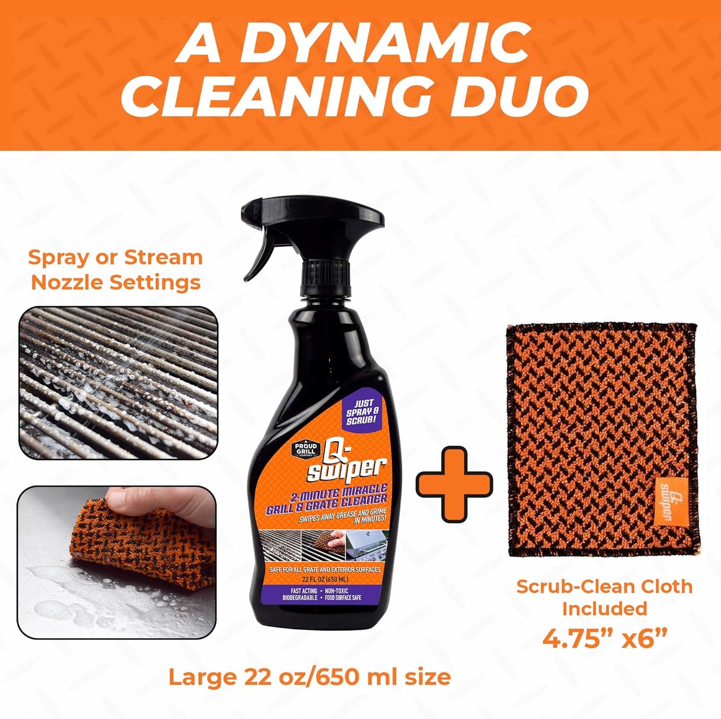 Proud Grill Company Q-Swiper 2-Minute Miracle Grill & Grate Cleaner with Scrub Clean Cloth - Degreaser Spray for BBQ, Oven, Stove, Kitchen Tops & Surfaces, Grate & Grease Remover, Smoker Cleaning Kit