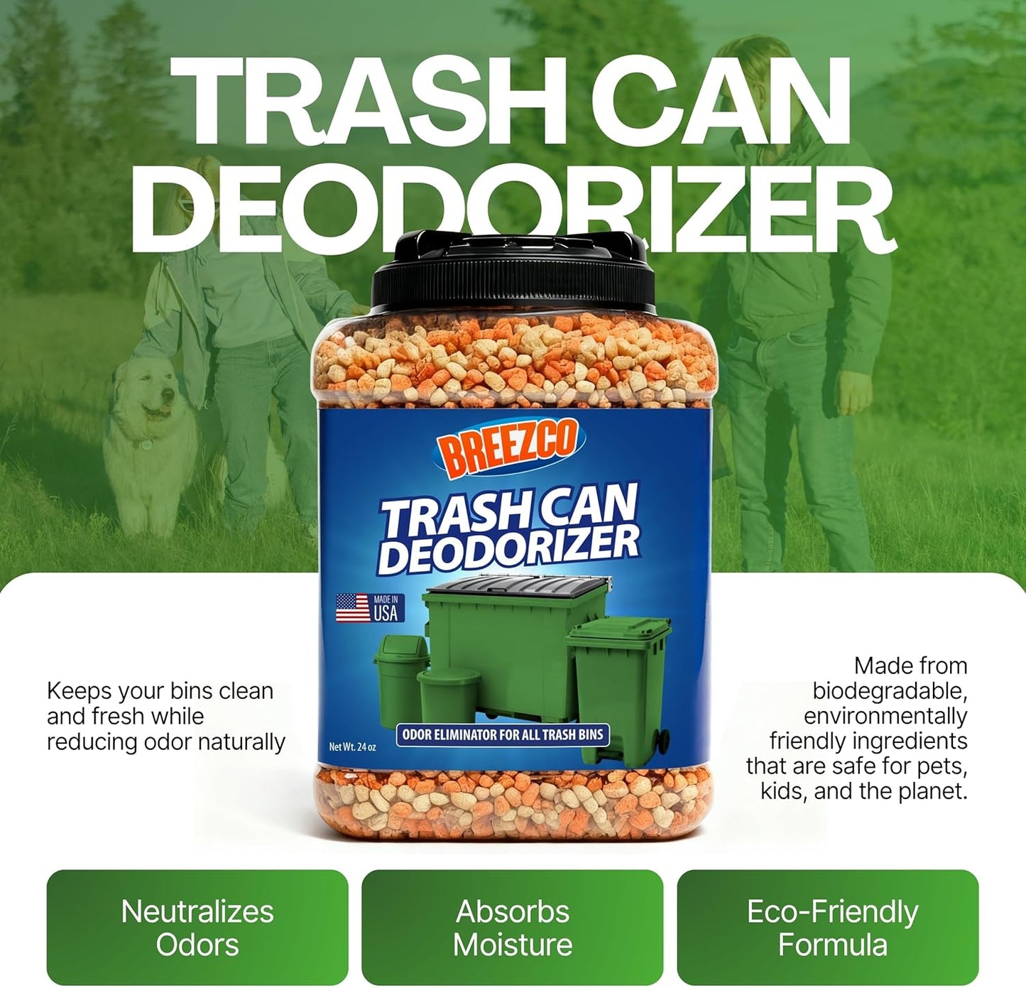 Trash Can Deodorizer 1.5lbs - Outdoor Trash Can Deodorizer & Liquid Waste Absorber, (Made in USA) Biodegradable Trash Can Odor Eliminator, Neutralizes Garbage Smells & Absorbs Liquids - 7 Cups