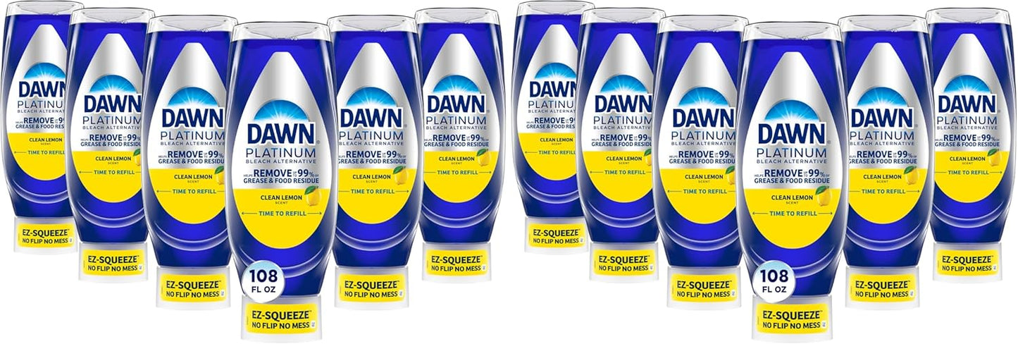 Dawn Platinum EZ-Squeeze Dish Soap Liquid, Dishwashing Liquid, Grease Removal, Upside Down Bottle, Bleach Alternative Clean Lemon, 6x18 Fl Oz Bundle