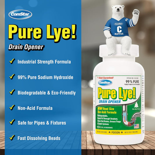 Pure Lye 1 lb - Unique Sodium Hydroxide Beads | Drain Opener & Soap Making | Biodegradable, Eco-Friendly (30-500)