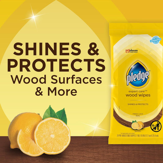 Pledge Expert Care Enhancing Wood Wipes, Lemon Scent (Pack of 6, 144 Total Count), Yellow