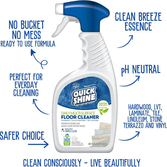 Quick Shine Multi Surface Floor Cleaner 64oz, Ready to Use-Streak Free-No Rinse, Use on Hardwood, Laminate, Luxury Vinyl Plank & Stone, Use in Spray Mops & Vac Mops, Safer Choice Cleaner