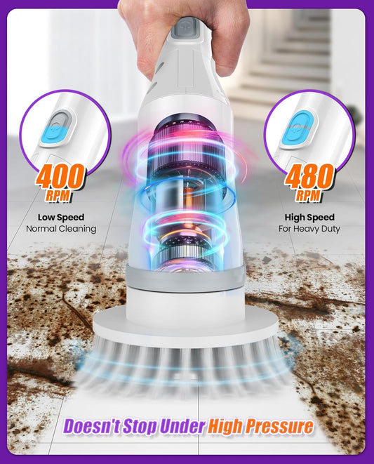 Electric Spin Scrubber, Cordless Cleaning Brush with 7 Replaceable Brush Heads, 2-Speed Adjustable Handle Shower Scrubber, IPX7 Waterproof for Bathroom, Tub, Tile & Floor, Teens, White-qb1...