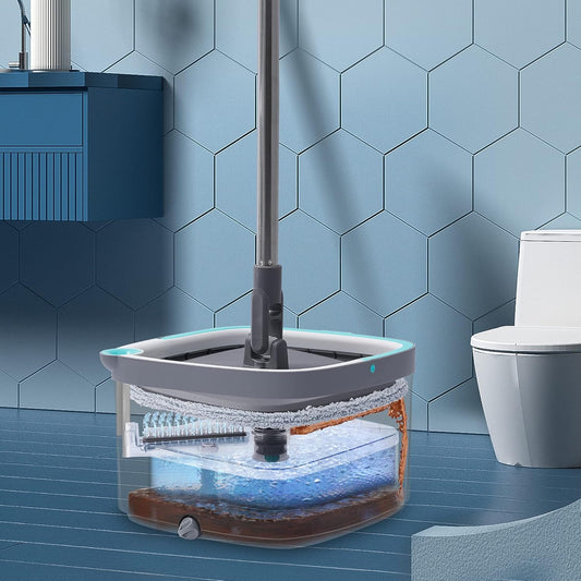 Spin Mop and Bucket with Separate Compartments for Clean and Dirty Water NEW 2025 Upgraded Version w/Side Brush and Self Standing Handle, Smart Square Mop w/ 2 Machine Washable Microfiber Pads, Rose