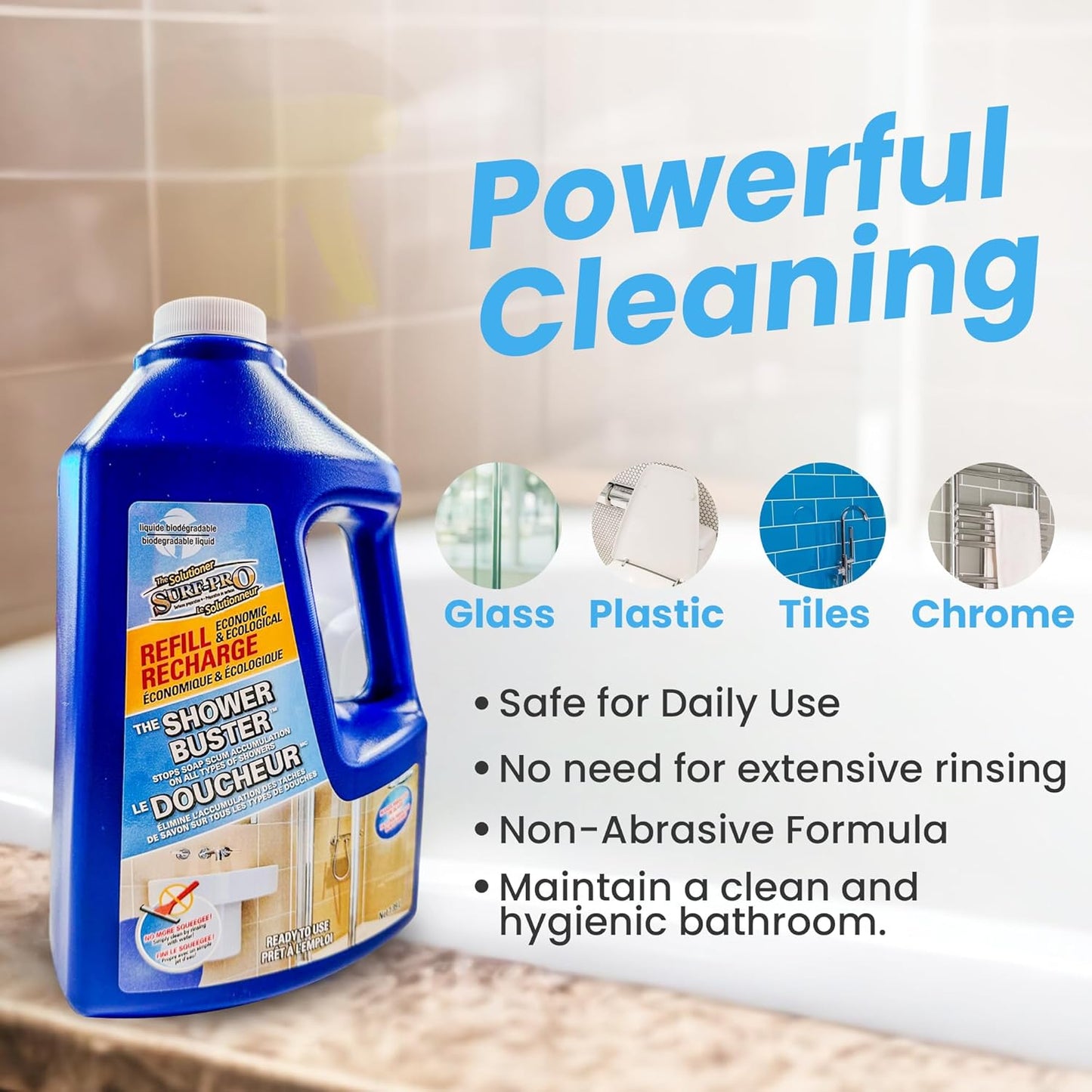 SURF PRO Shower Glass Door Cleaner – Shower Buster Spray for Soap Scum & Hard Water Stains – No Scrub Bathroom Cleaner for Glass, Tile, Chrome, Ceramic, RV and Septic Safe (500ml / 16.9oz)