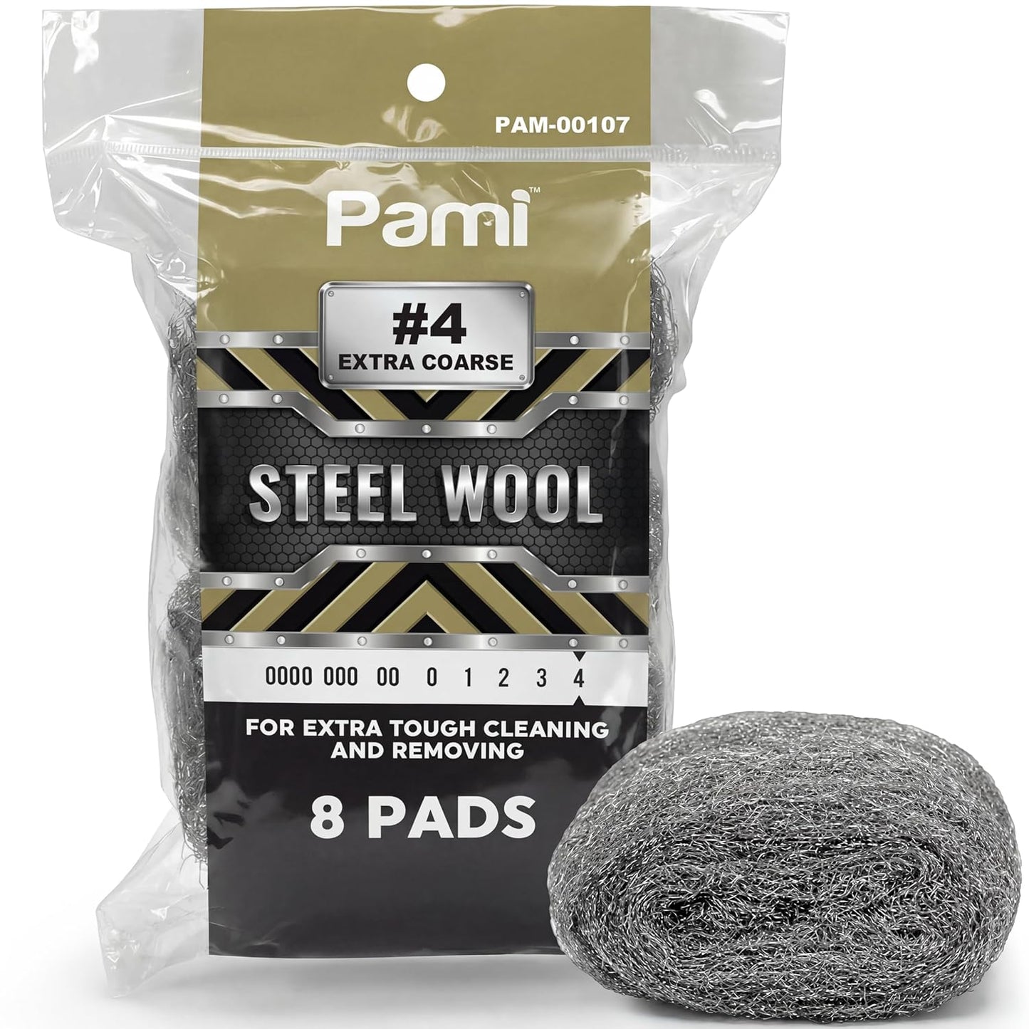 PAMI Extra Coarse #4 Stainless Steel Fiber Sponge Scrubbers Pack of 8 Steel Wool Pads Metal Sponges for Tough Cleaning Kitchen Bathroom