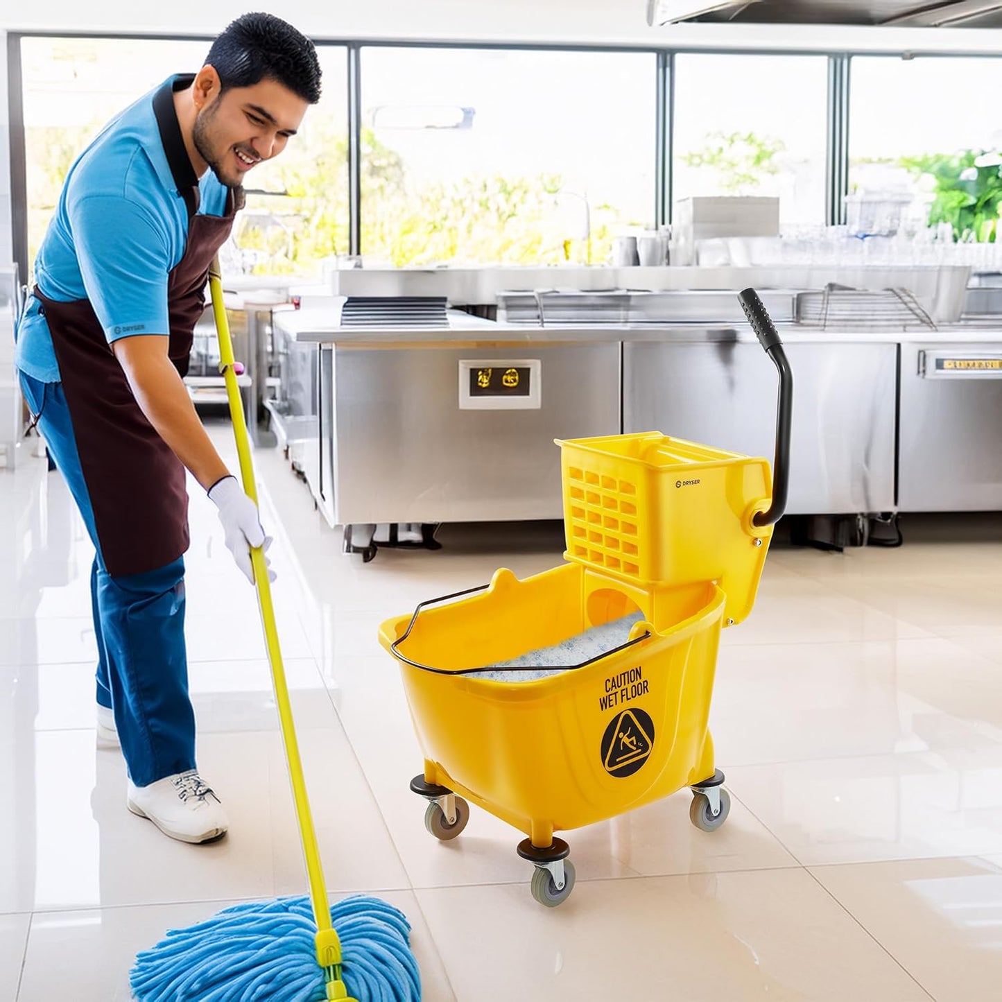 Dryser Commercial Side Press Wringer Combo Mop Bucket, 33 Quart, Blue