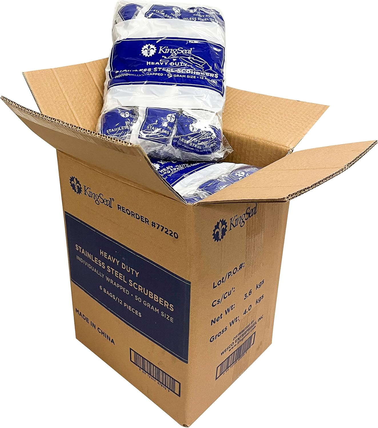 12 Count | KingSeal Stainless Steel Scrubbers, Scrub Pads, Heavy Duty, 50 gram Weight, Individually Wrapped - 1 Pack of 12