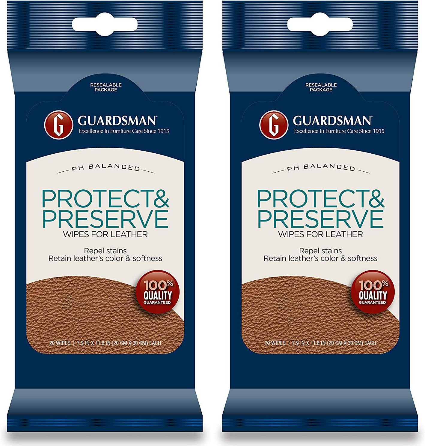 Guardsman Protect & Preserve Wipes for Leather 20 Wipes - Repels Stains, Retains Color and Softness, Great for Leather Furniture & Car Interiors - 2 Pack