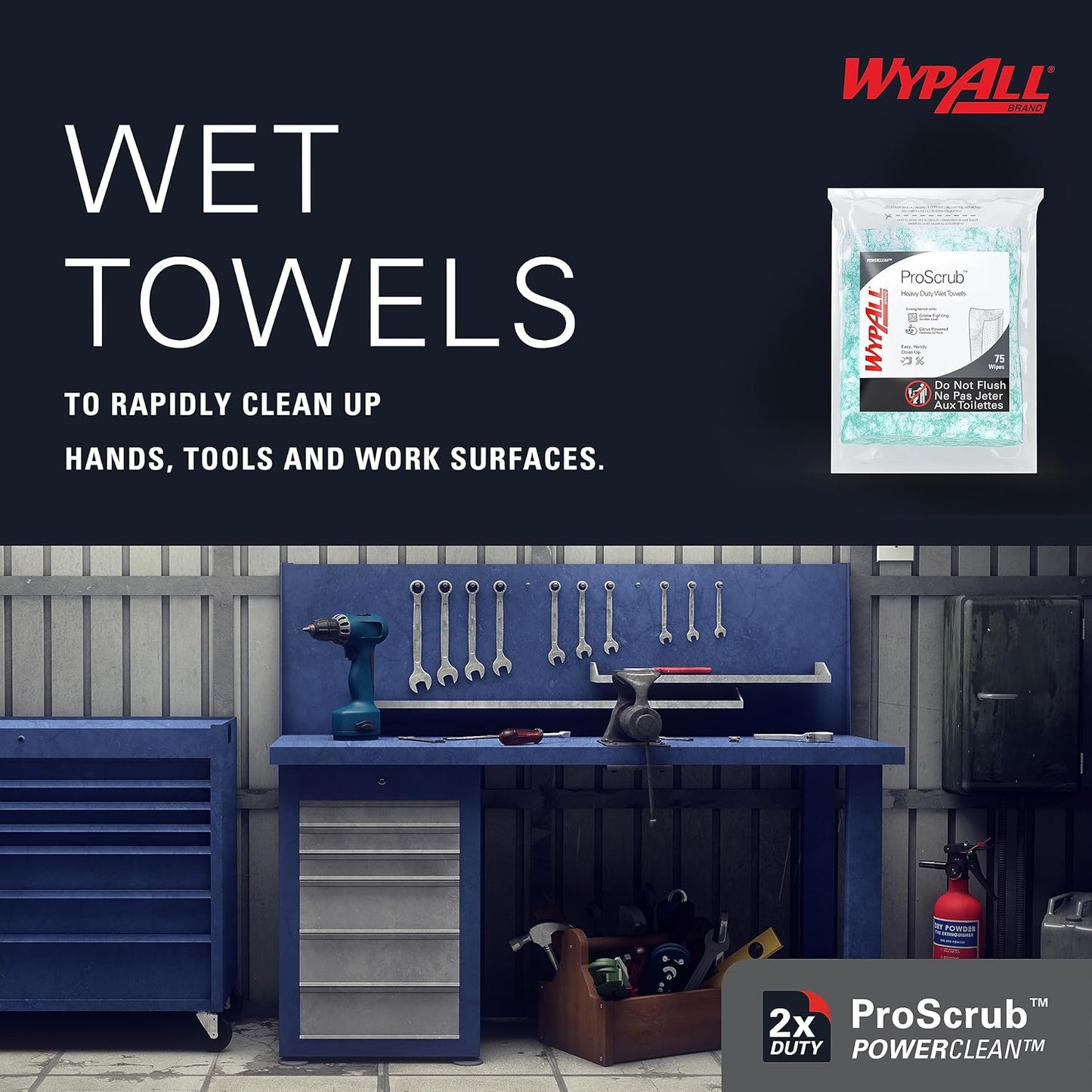 WypAll PowerClean ProScrub Heavy Duty Wet Towels (91371), Dual Action Cleaning, Large 9.5" x 12" Wipes, Bucket Included (6 Containers of 75 Sheets, 450 Sheet Total)