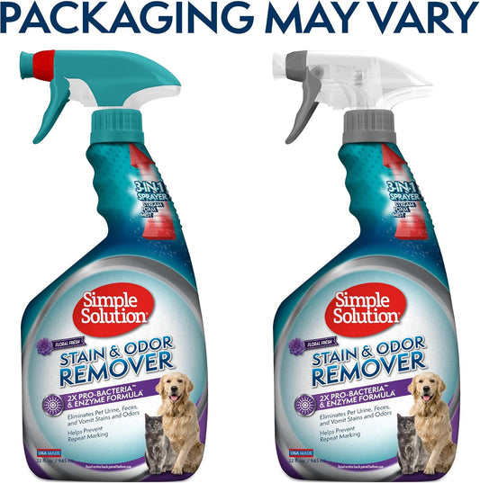 Simple Solution Stain and Odor Eliminator Spray, Enzyme Carpet Cleaner for Dogs and Cats, Pet Stain Remover and Urine Odor Eliminator, Multi Surface Pet Cleaning Solution, 32 oz (Pack of 2)