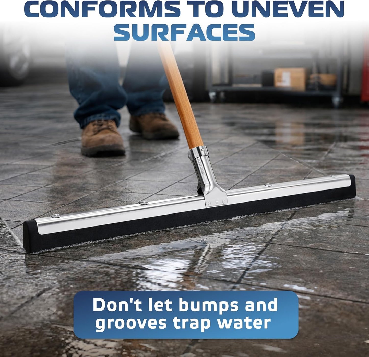 DSV Standard Uneven Surface Floor Squeegee 18’’, Double Foam Blade Garage Squeegee, Taper Pole Connection - Handle Sold Separately for Tiles, Concrete and Asphalt