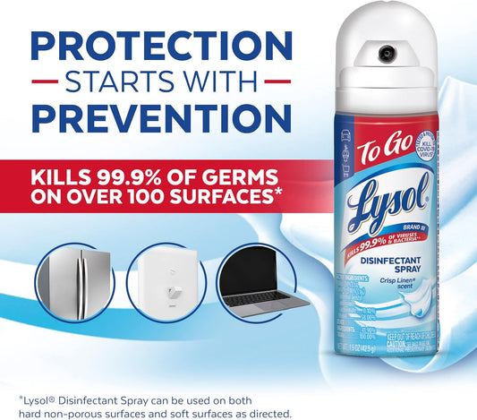 Lysol To Go Disinfectant Spray, Travel Size Sanitizing, For On-the-Go Disinfecting and Deodorizing, Crisp Linen, 1.5 Fl. Oz (Pack of 4)