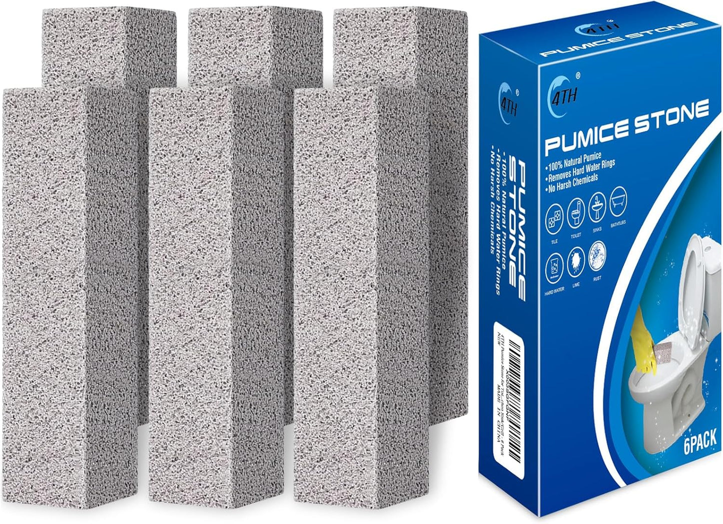 4TH Pumice Stone for Toilet Bowl Cleaning,Pumice Stick Powerfully Away Limescale Stain,Hard Water Ring, Calcium Buildup,Iron&Rust. Remover for Tile/Bath-tub/Sink/Grill - 6 Pack