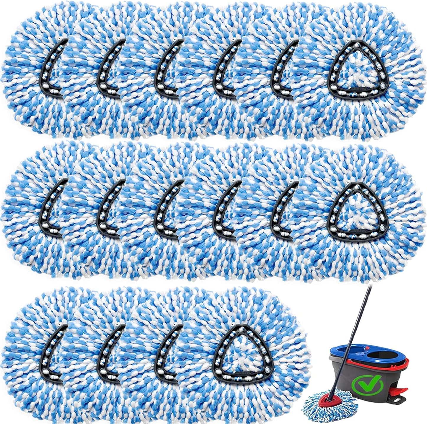 16 Pcs Spin Mop Replacement Heads, 360° Easy Wring Spin Mop 100% Microfiber Refill, Easy Cleaning Spin Mop Heads, 2 Tank System Replace Head for Easy House Cleaning Floor Mopping, Blue&White