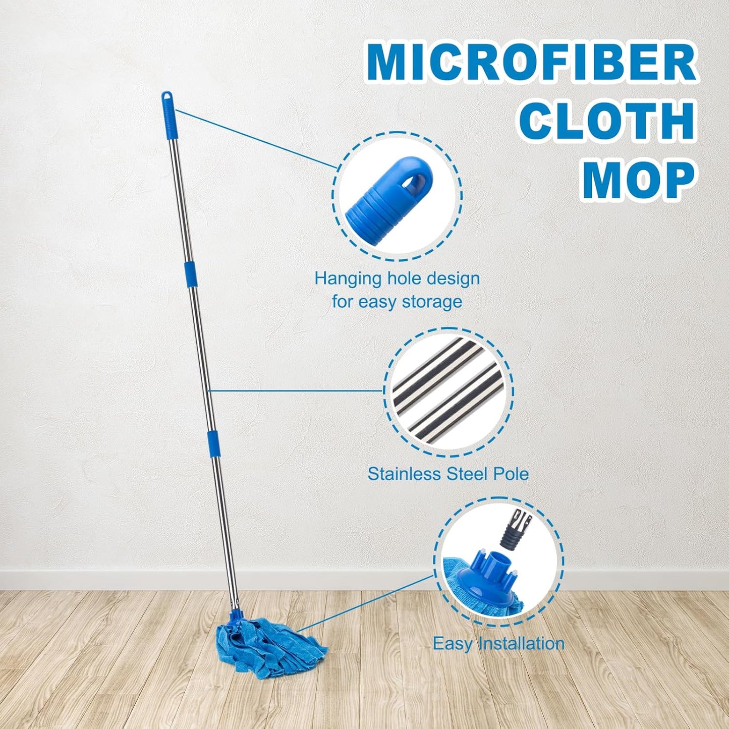 KeFanta Mop, Microfiber Cloth Mops for Floor Cleaning, One Pole with Two Microfiber Cloth Wet Mop Refills, String Mop with 49" Long Handle, Blue (1 Handle & 2 Mop Heads)